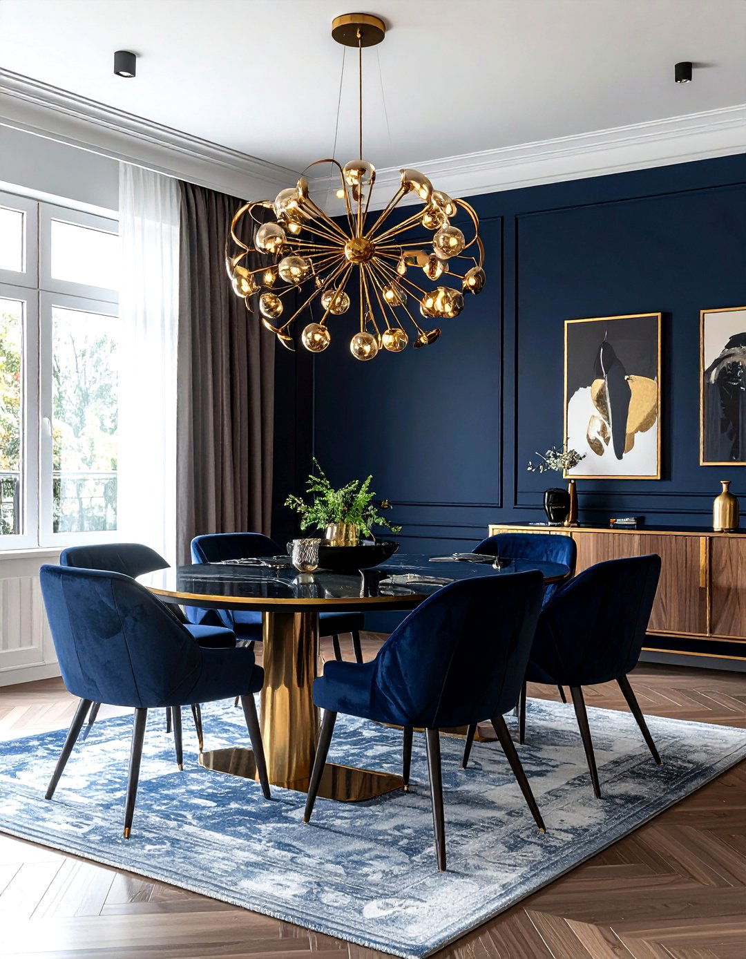 Navy dining room with brass chandelier - 30 navy dining room design ideas