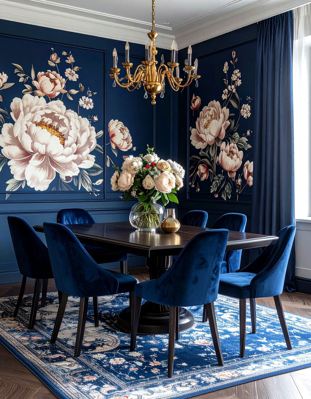 Navy floral dining room - 30 bold wallpaper dining room ideas