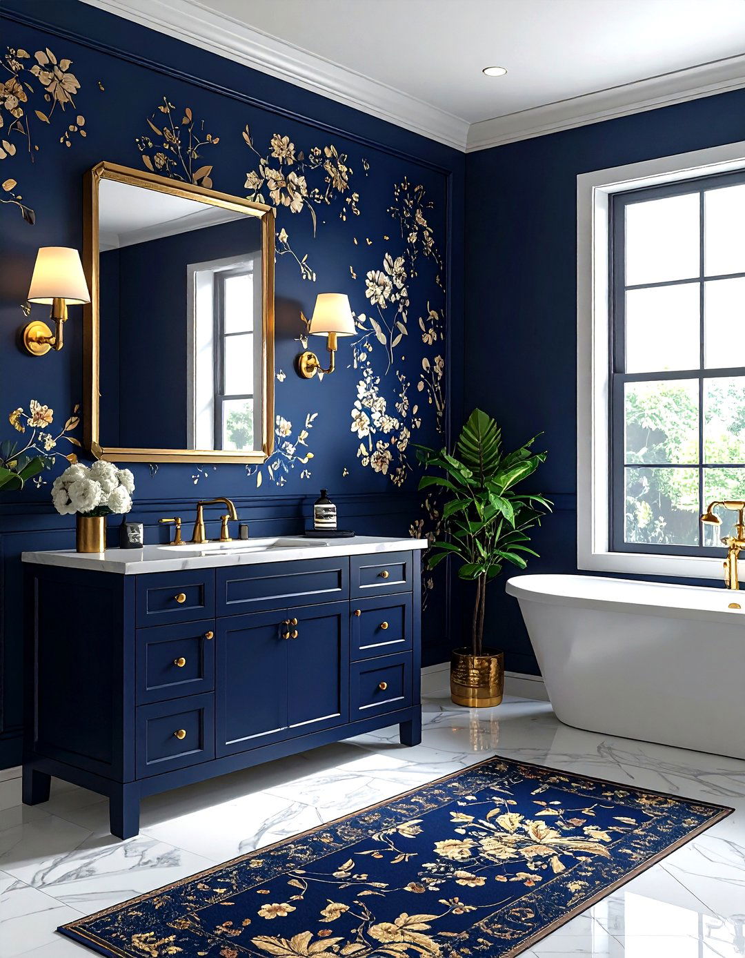 Navy floral wallpaper bathroom - 30 navy gold bathroom ideas