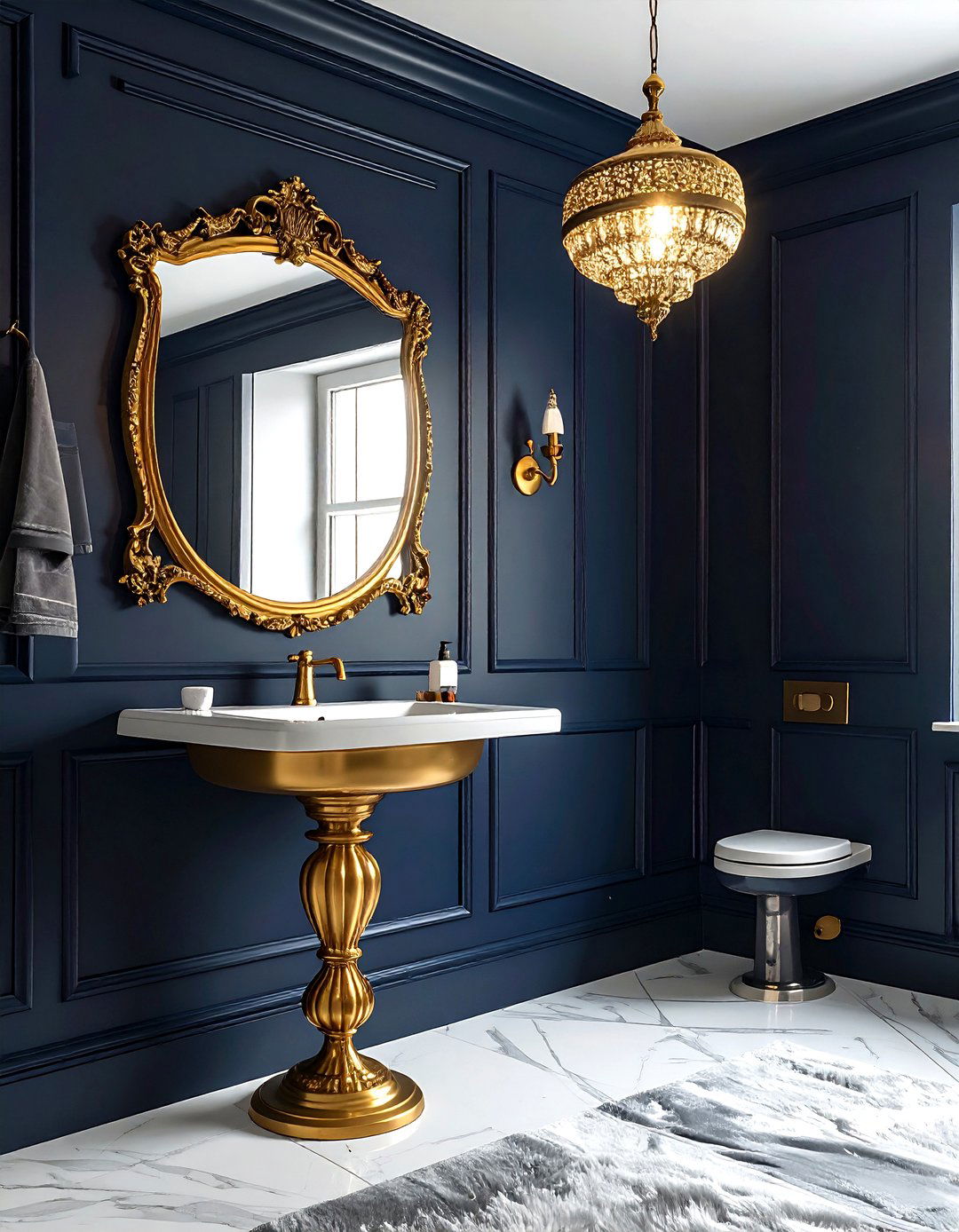 Navy gold powder room - 30 navy gold bathroom ideas