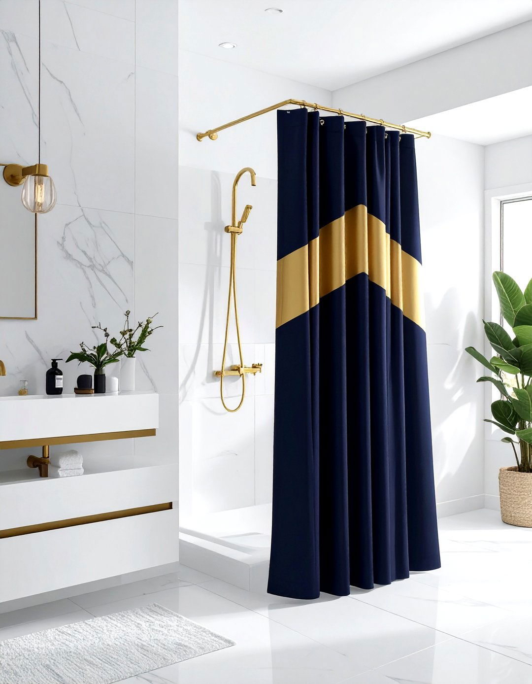 Navy gold shower curtain - 30 navy gold bathroom ideas