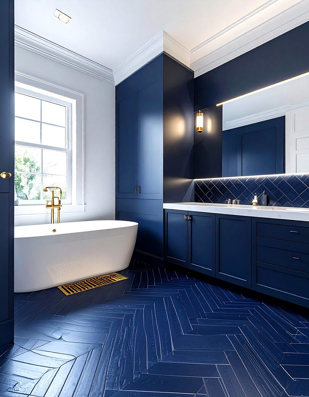 Navy herringbone tile bathroom - 30 navy and gold bathroom ideas