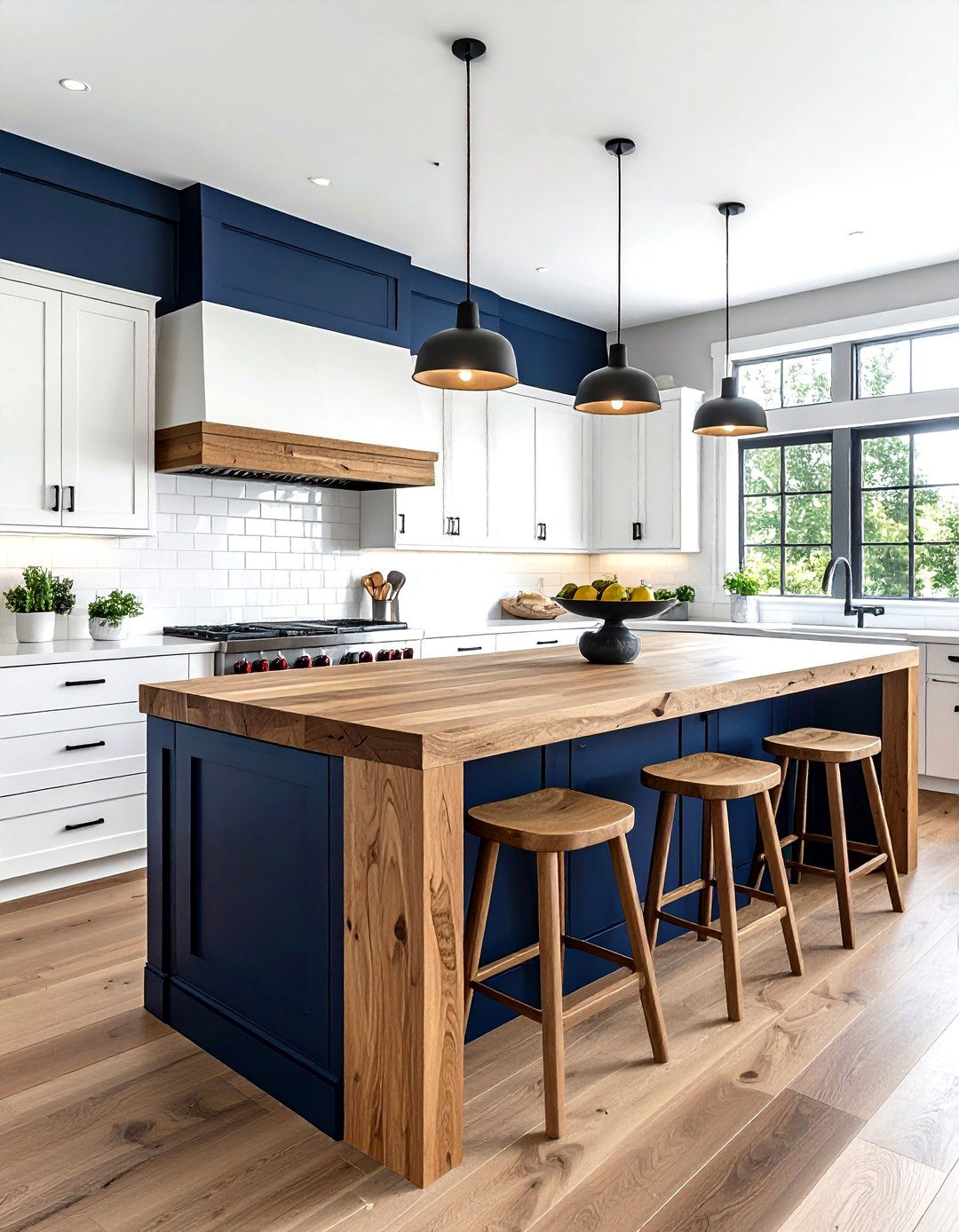 Navy island wood accents - 30 navy and white kitchen ideas
