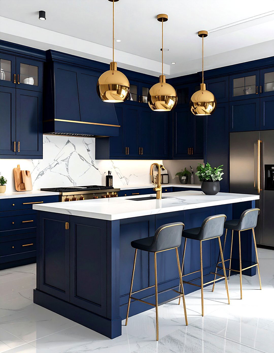 Navy kitchen brass accents - 30 navy and white kitchen ideas