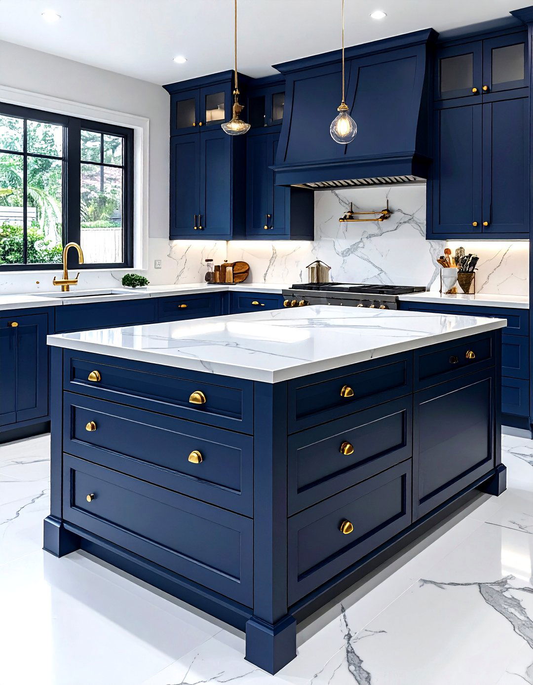 Navy kitchen brass hardware - 30 navy and white kitchen ideas