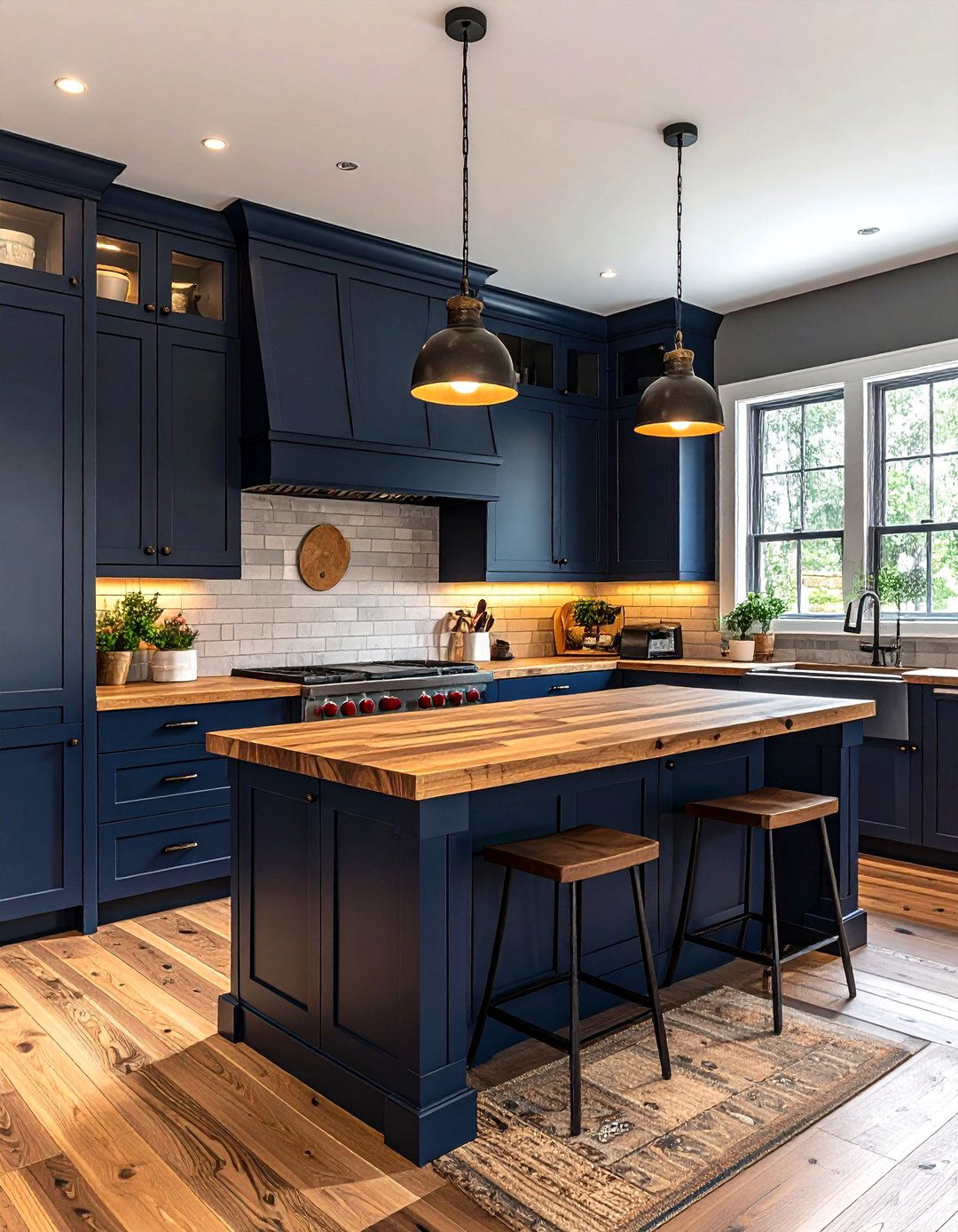 Navy kitchen butcher block - 30 navy kitchen cabinet ideas
