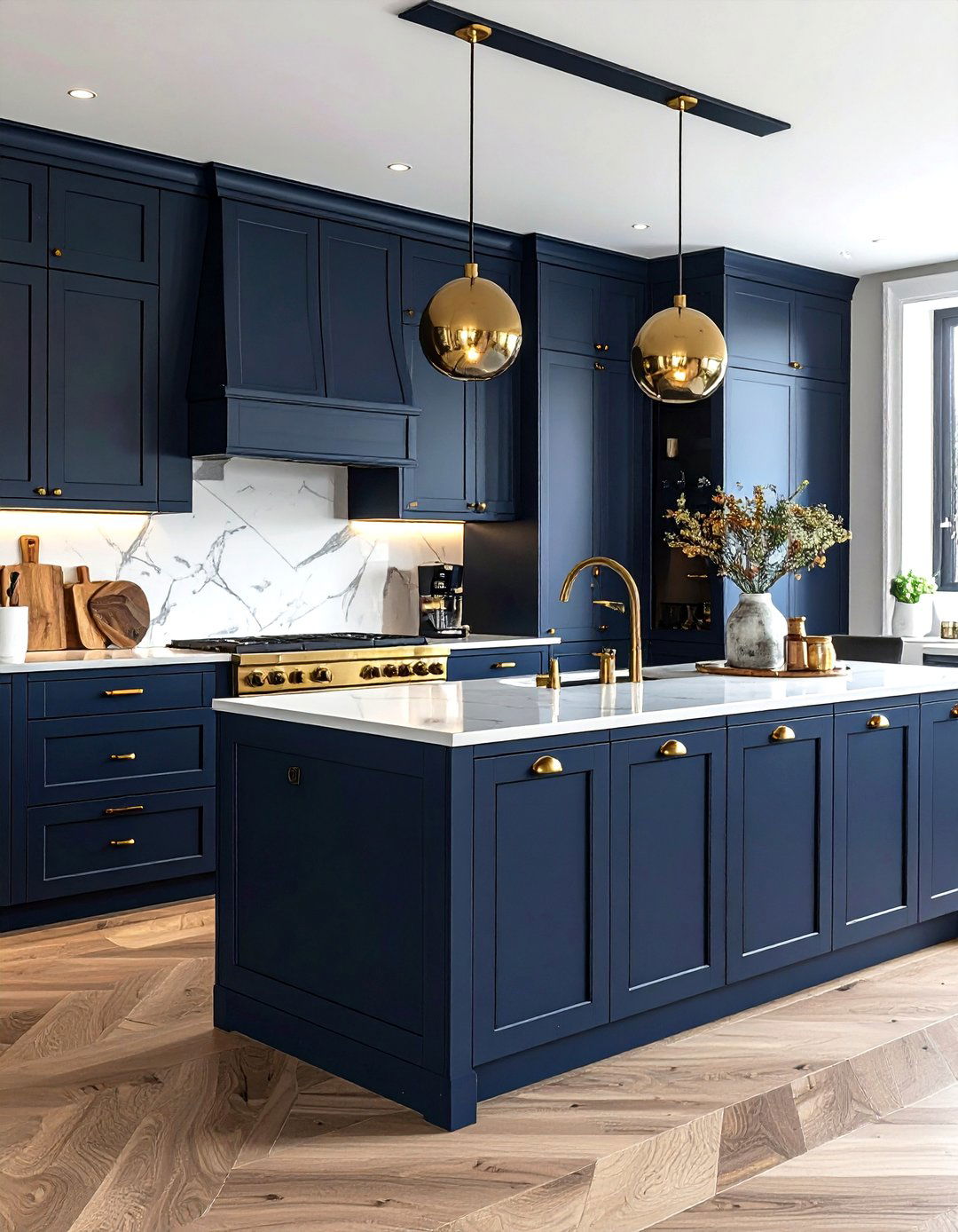 Navy kitchen cabinets with gold hardware - 30 navy and gold kitchen ideas