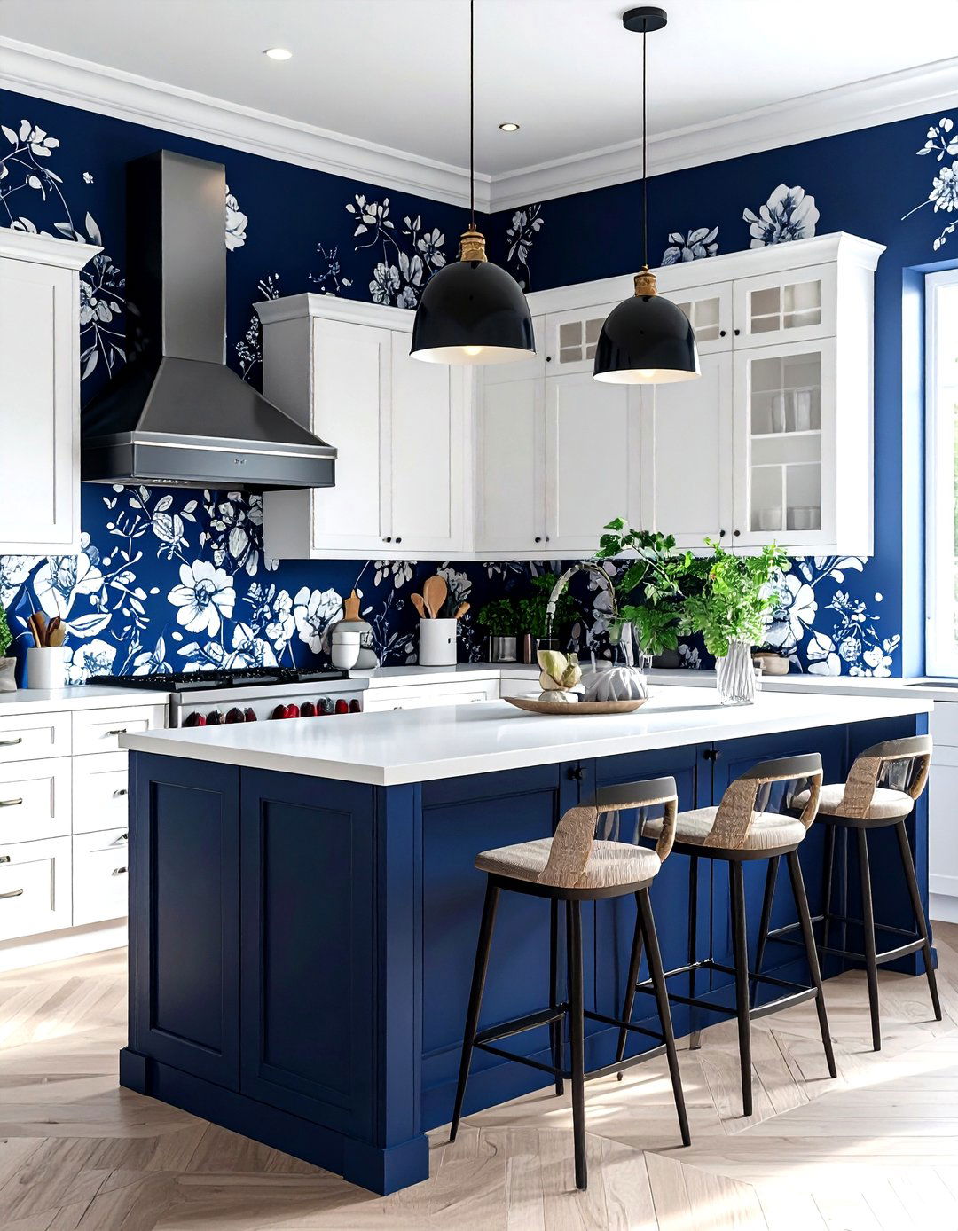 Navy kitchen floral wallpaper - 30 navy and white kitchen ideas