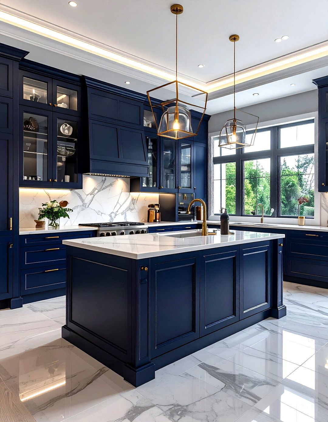Navy kitchen glass doors - 30 navy kitchen cabinet ideas