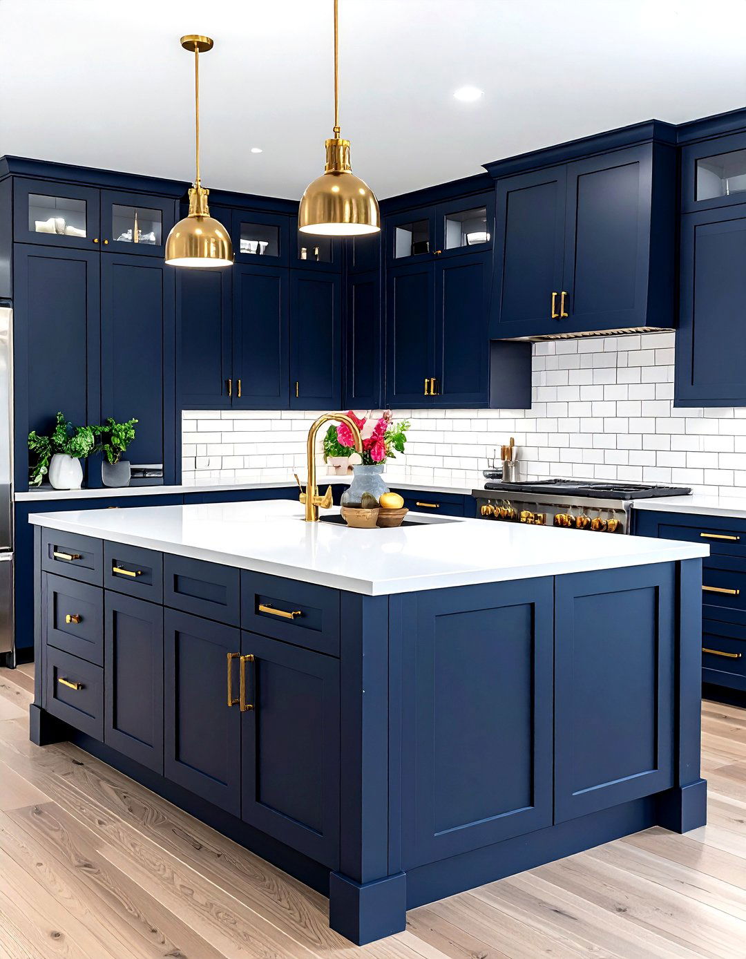 Navy kitchen gold hardware - 30 navy and white kitchen ideas