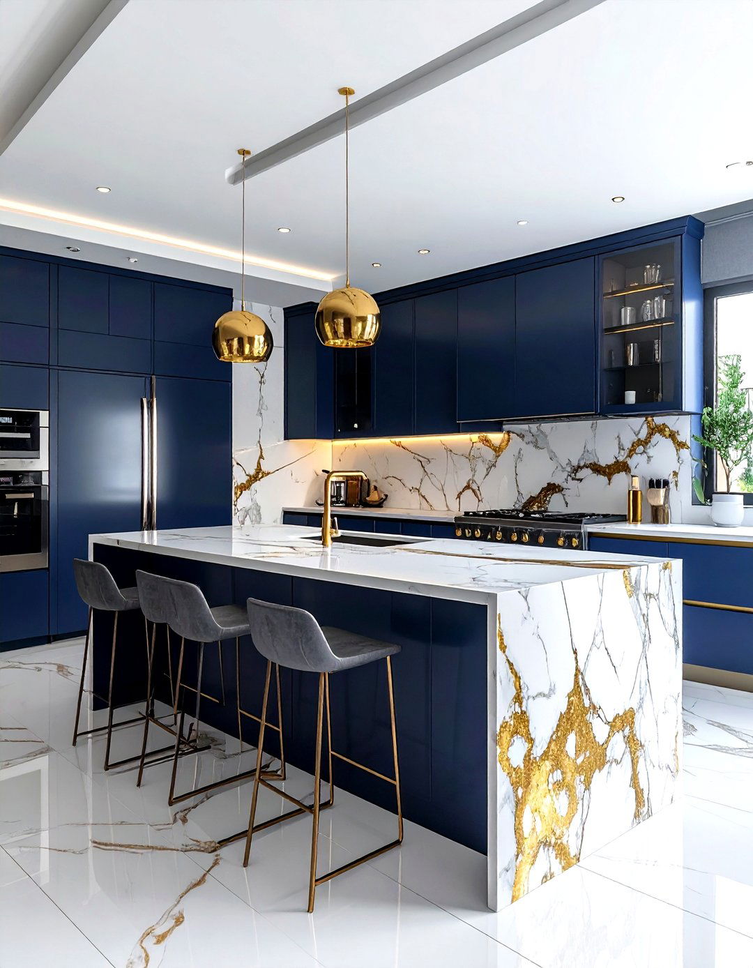 Navy kitchen island with gold waterfall edge - 30 navy and gold kitchen ideas