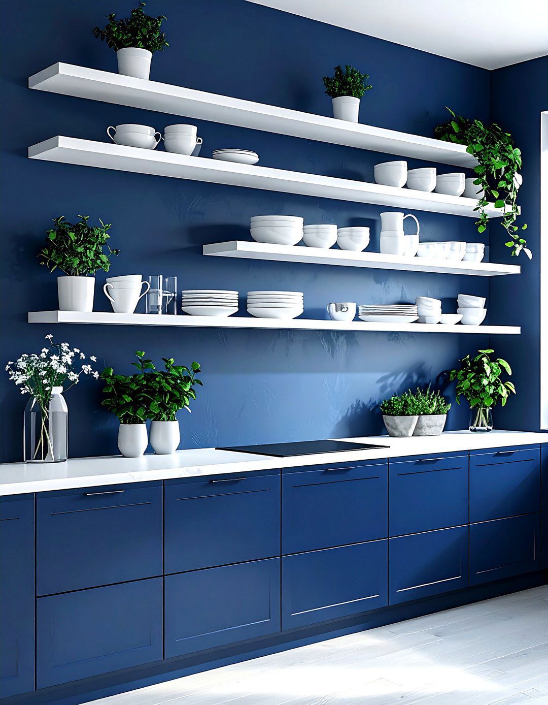 Navy kitchen open shelving - 30 navy and white kitchen ideas