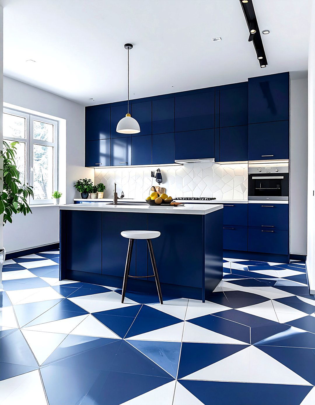 Navy kitchen patterned floor - 30 navy and white kitchen ideas