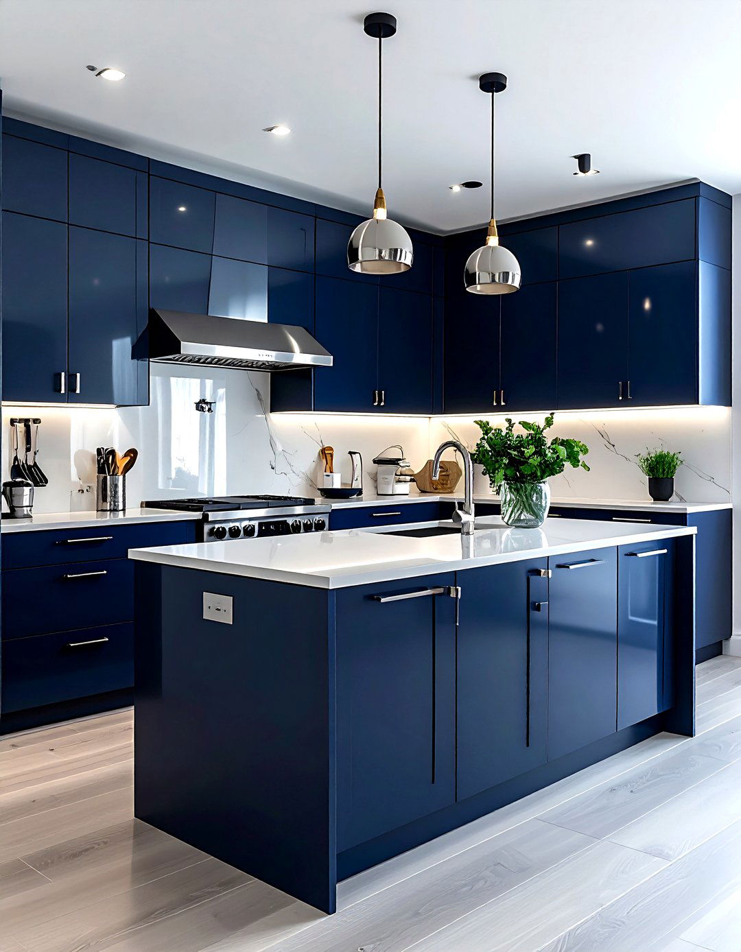 Navy kitchen silver hardware - 30 navy kitchen cabinet ideas