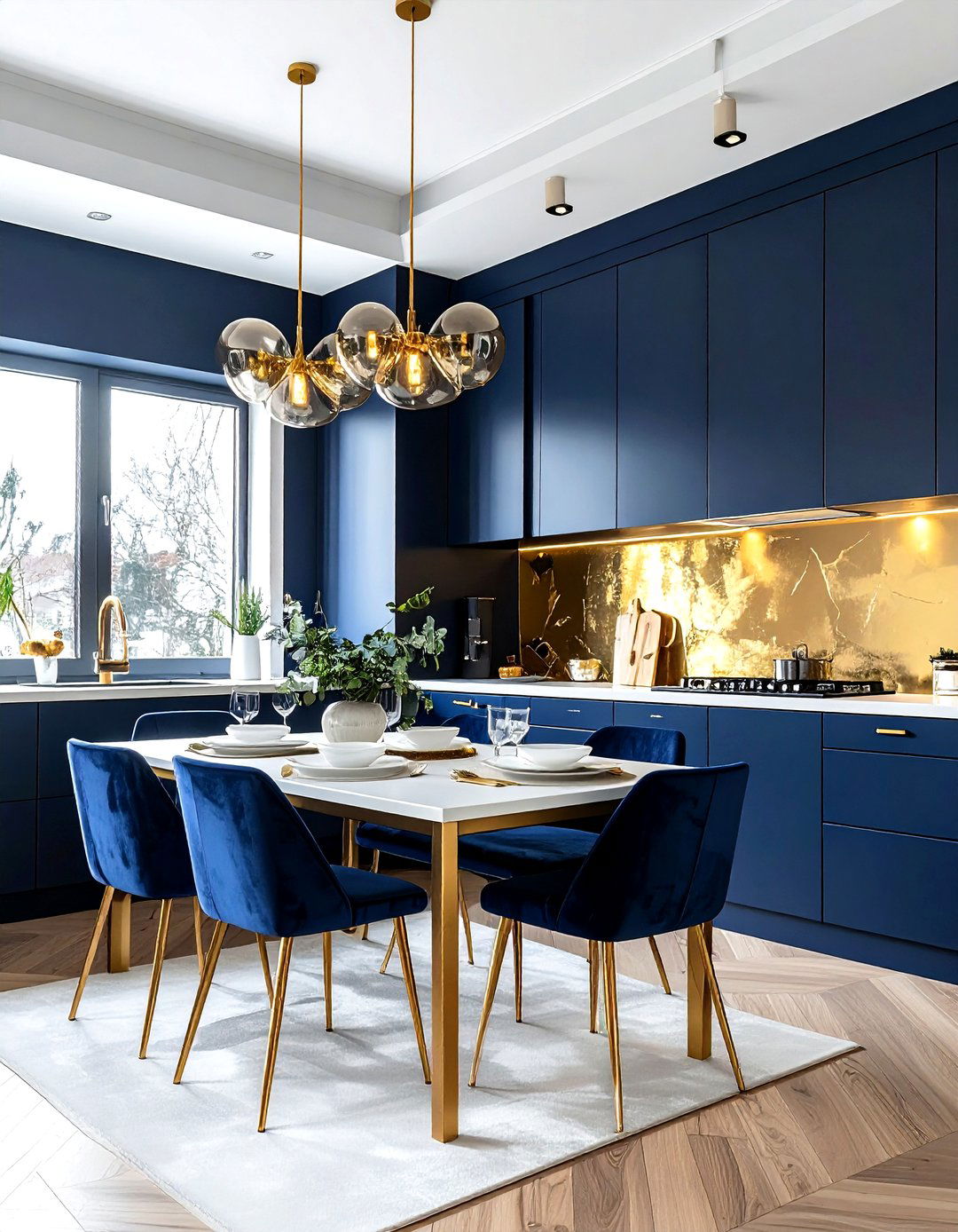 Navy kitchen walls with gold decor - 30 navy and gold kitchen ideas