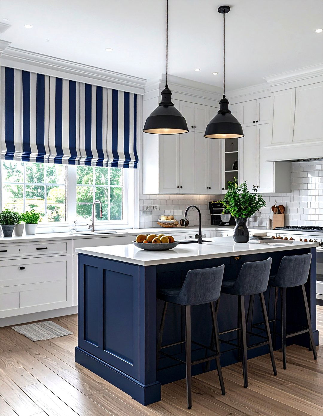 Navy kitchen window treatments - 30 navy and white kitchen ideas