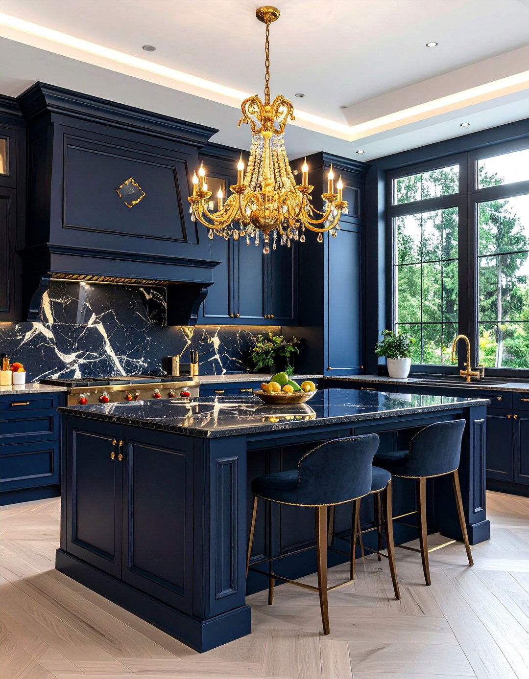 Navy kitchen with gold chandelier - 30 navy and gold kitchen ideas