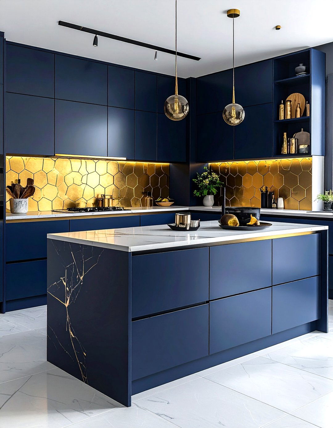 Navy kitchen with gold geometric backsplash - 30 navy and gold kitchen ideas