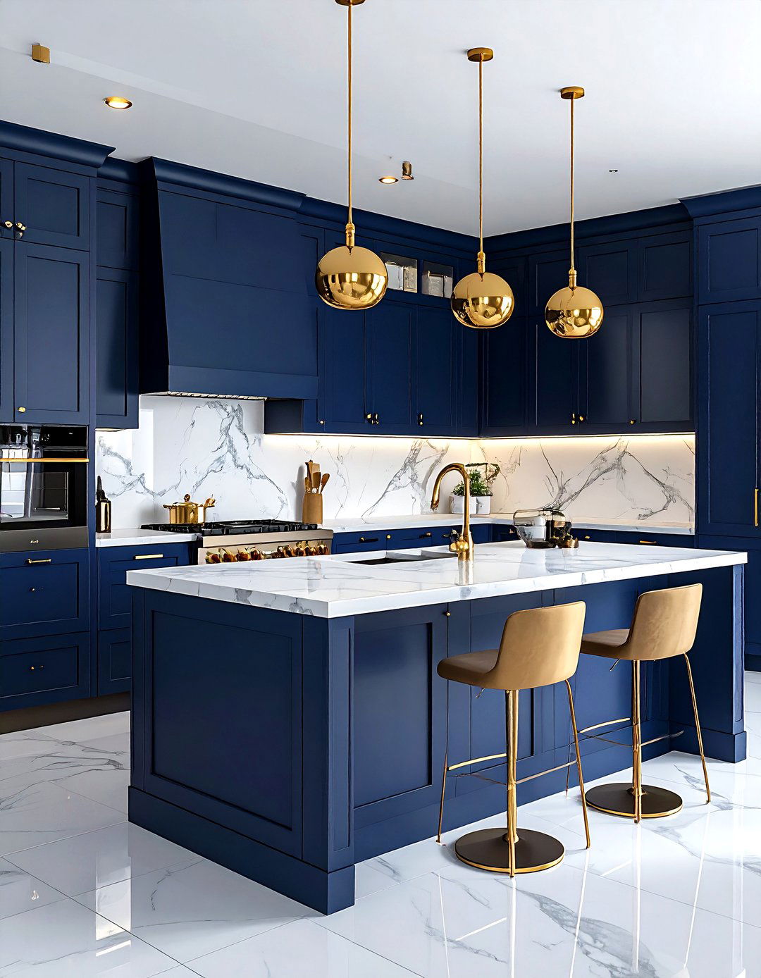 Navy kitchen with gold hardware - 30 navy kitchen ideas