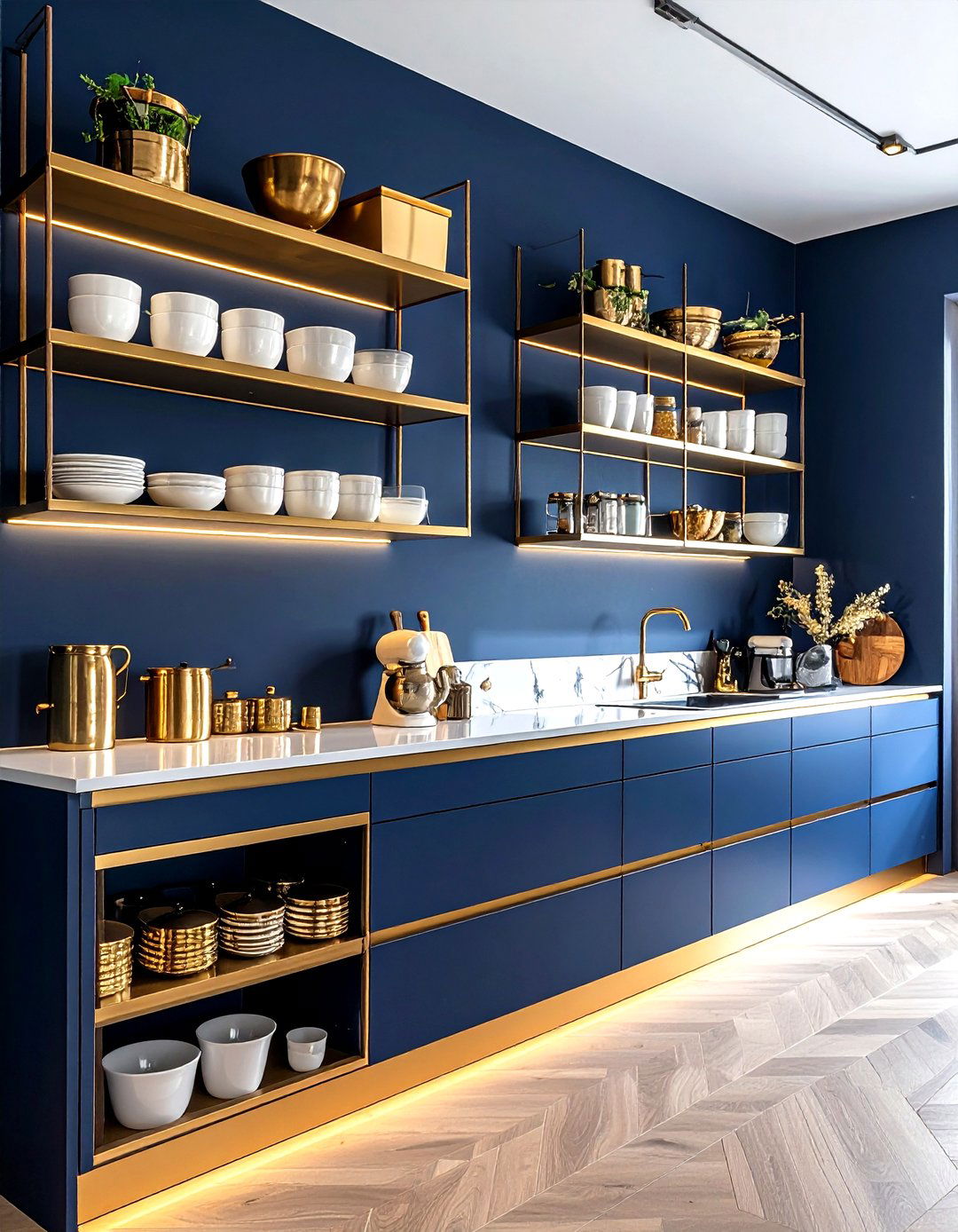 Navy kitchen with gold open shelving - 30 navy and gold kitchen ideas