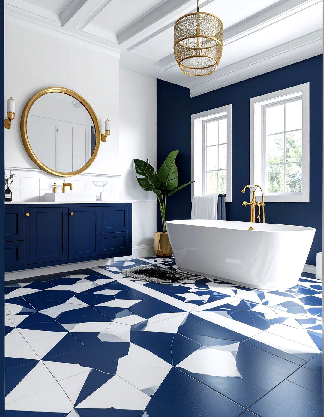Navy patterned floor gold fixtures - 30 navy and gold bathroom ideas