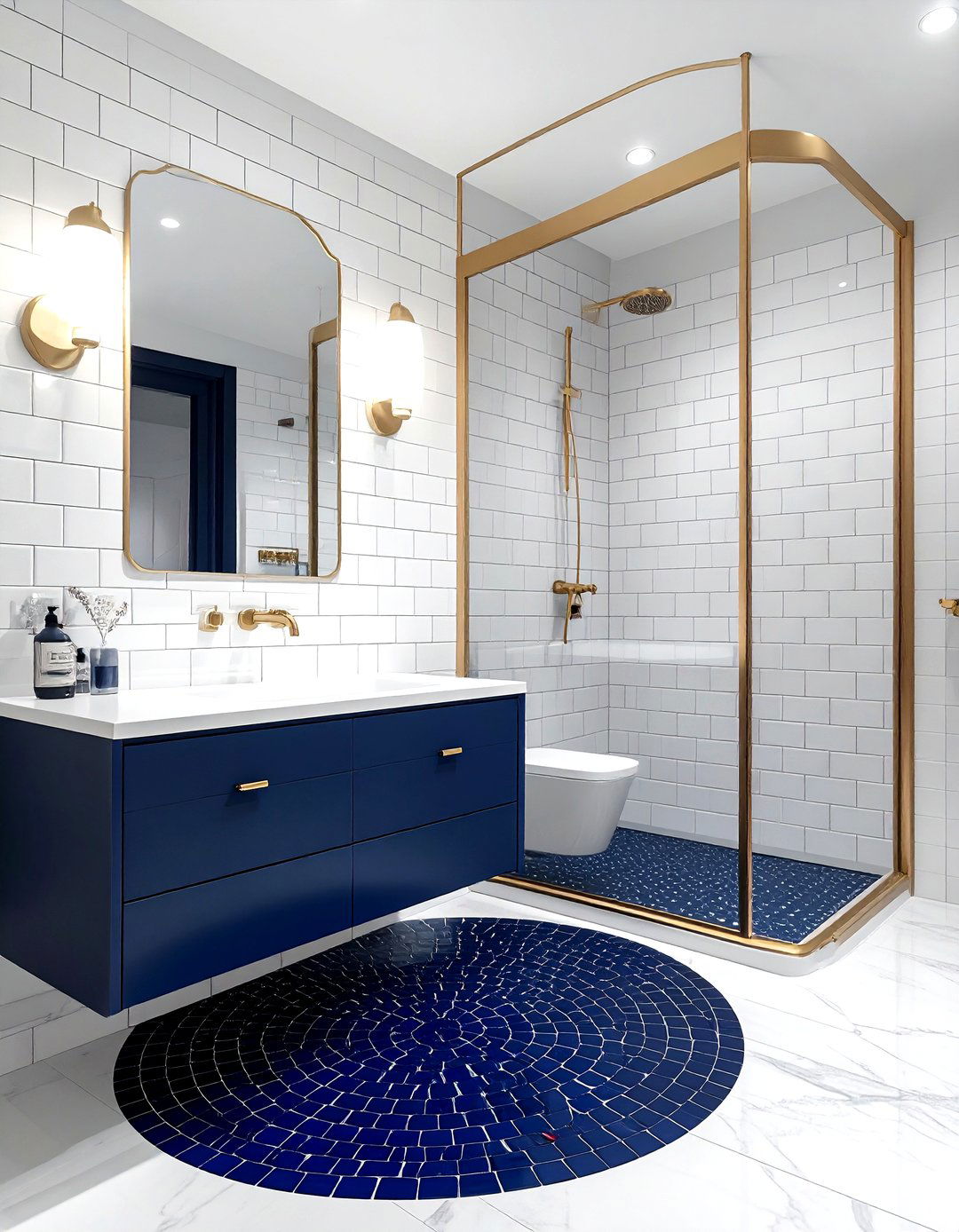 Navy penny tile bathroom - 30 navy and gold bathroom ideas