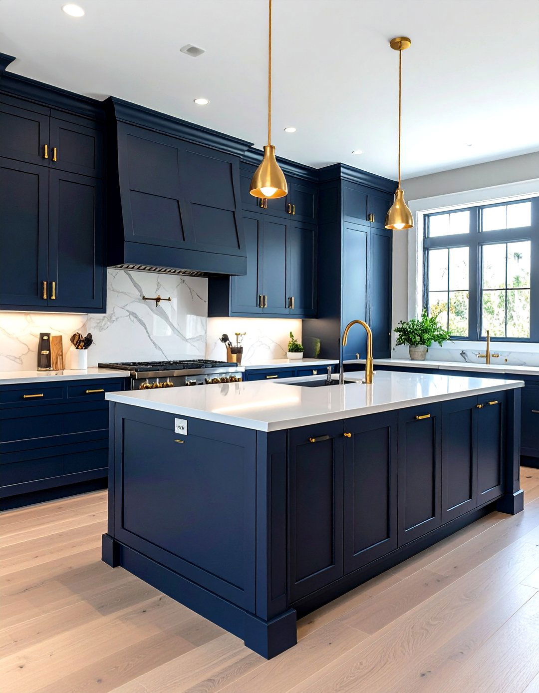 Navy shaker cabinets with gold pulls - 30 navy and gold kitchen ideas