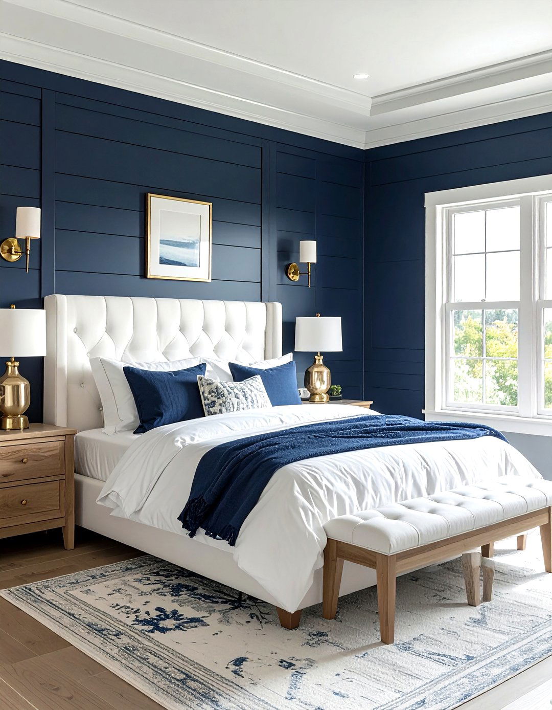 Navy shiplap accent wall - 30 coastal navy bedroom ideas