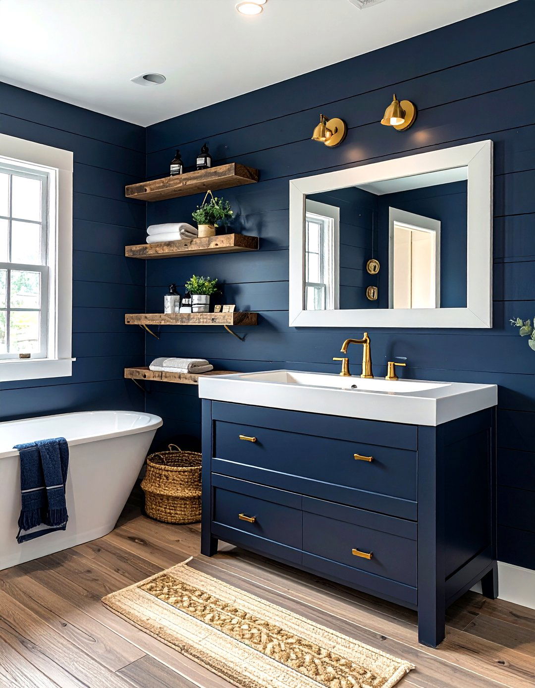 Navy shiplap bathroom walls - 30 navy gold bathroom ideas