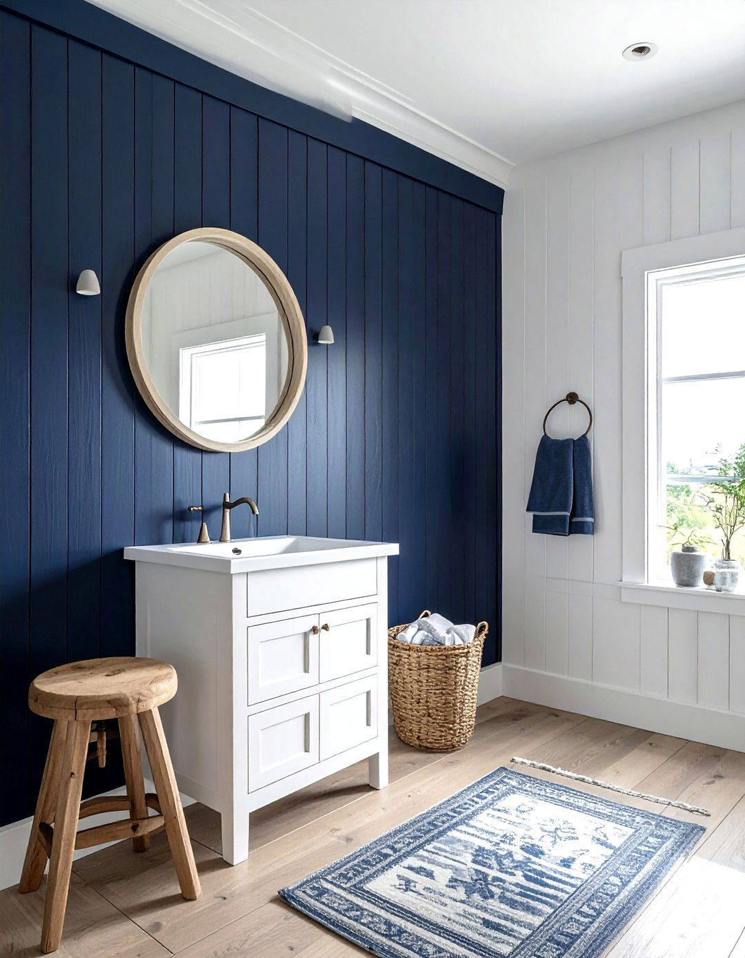 Navy shiplap wall - 30 navy bathroom design ideas