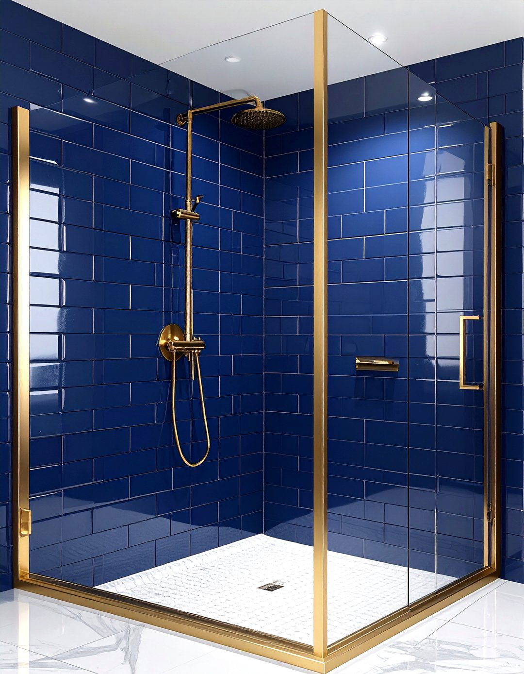 Navy subway tile gold fixtures - 30 navy and gold bathroom ideas
