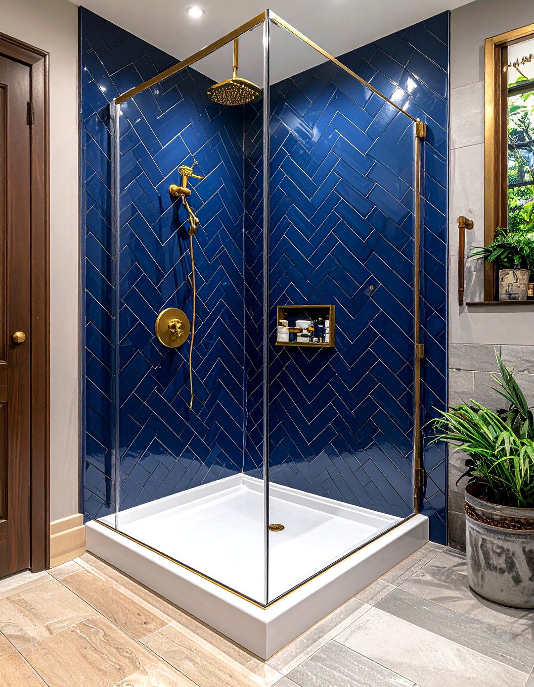 Navy subway tile shower - 30 navy gold bathroom ideas