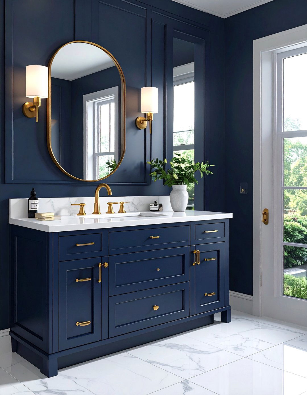Navy vanity gold hardware - 30 navy gold bathroom ideas