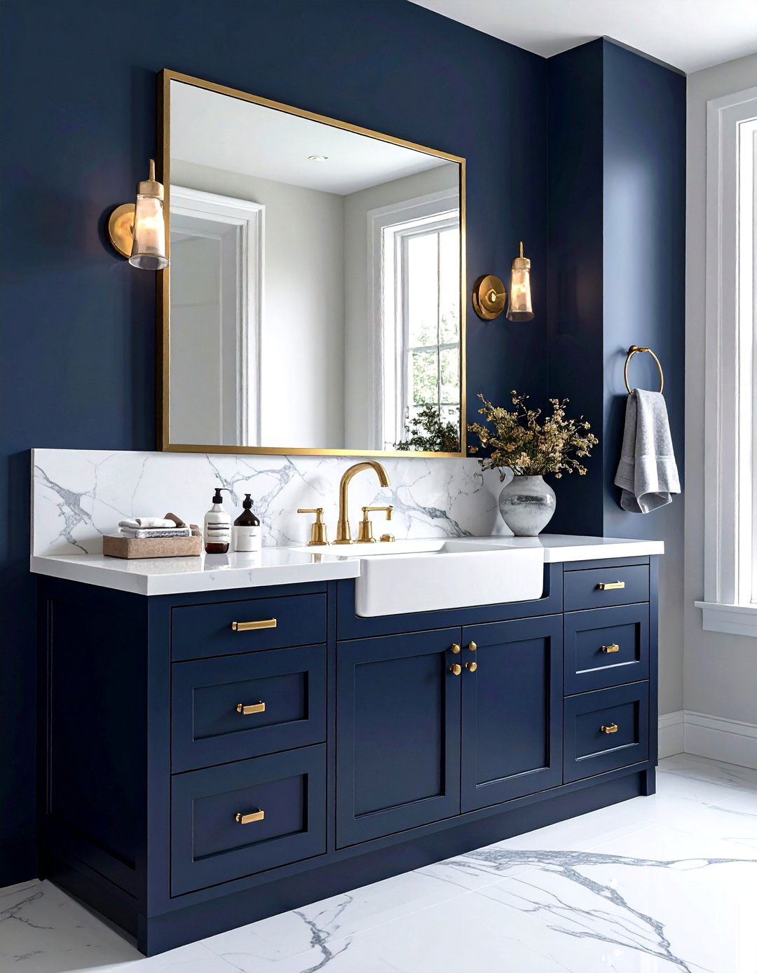 Navy vanity gold hardware - 30 navy and gold bathroom ideas