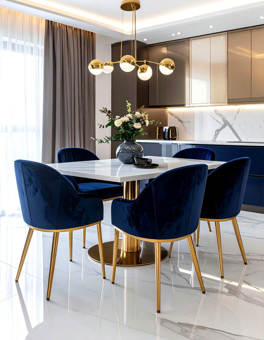 Navy velvet dining chairs gold legs - 30 navy and gold dining room ideas
