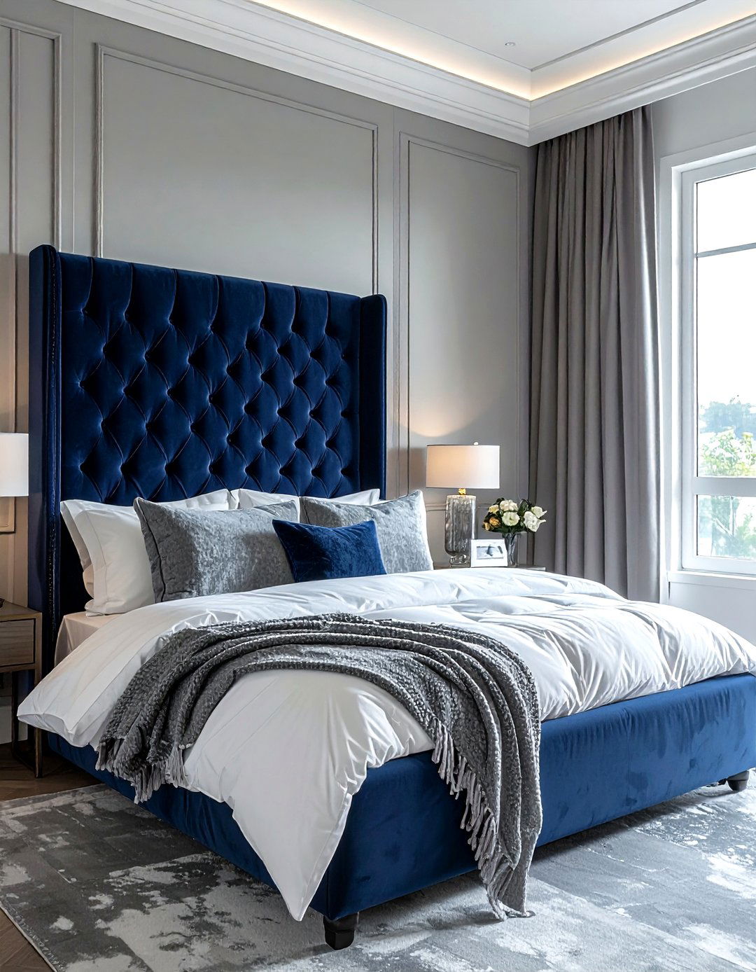 Navy velvet headboard - 30 contemporary navy bedroom ideas