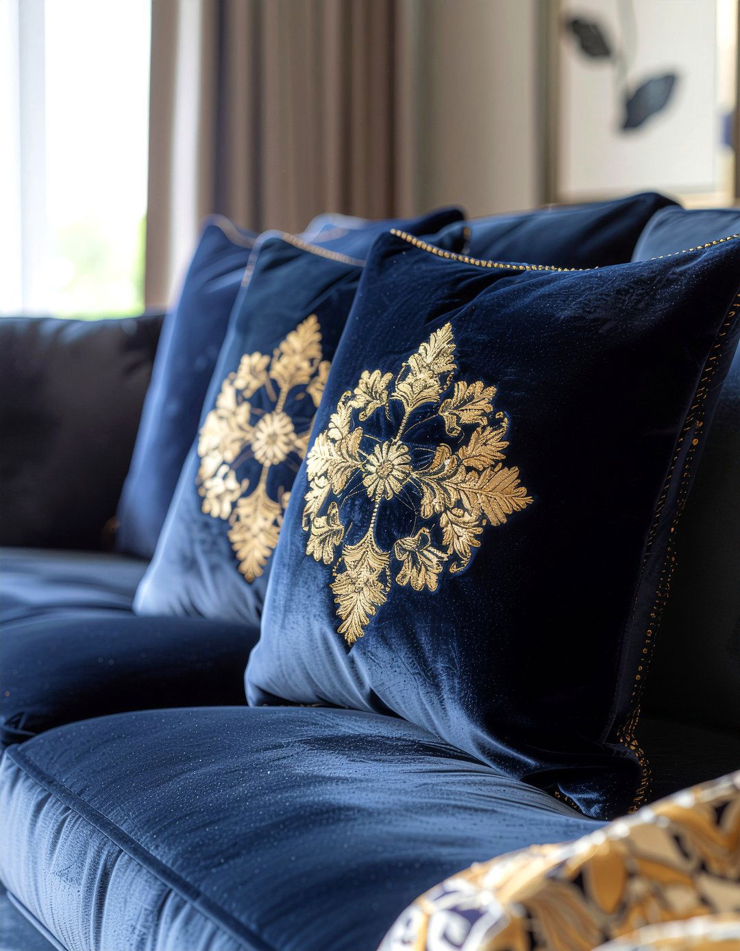 Navy velvet pillows with gold embroidery - 30 navy and gold living room ideas