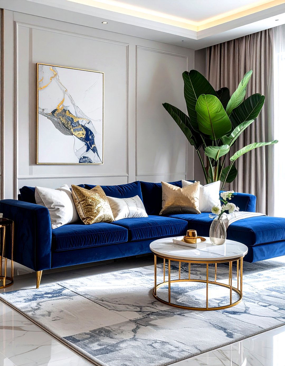 Navy velvet sofa - 30 navy living room ideas