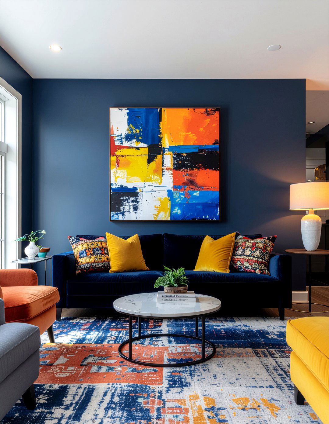 Navy walls colorful art - 30 living room navy walls