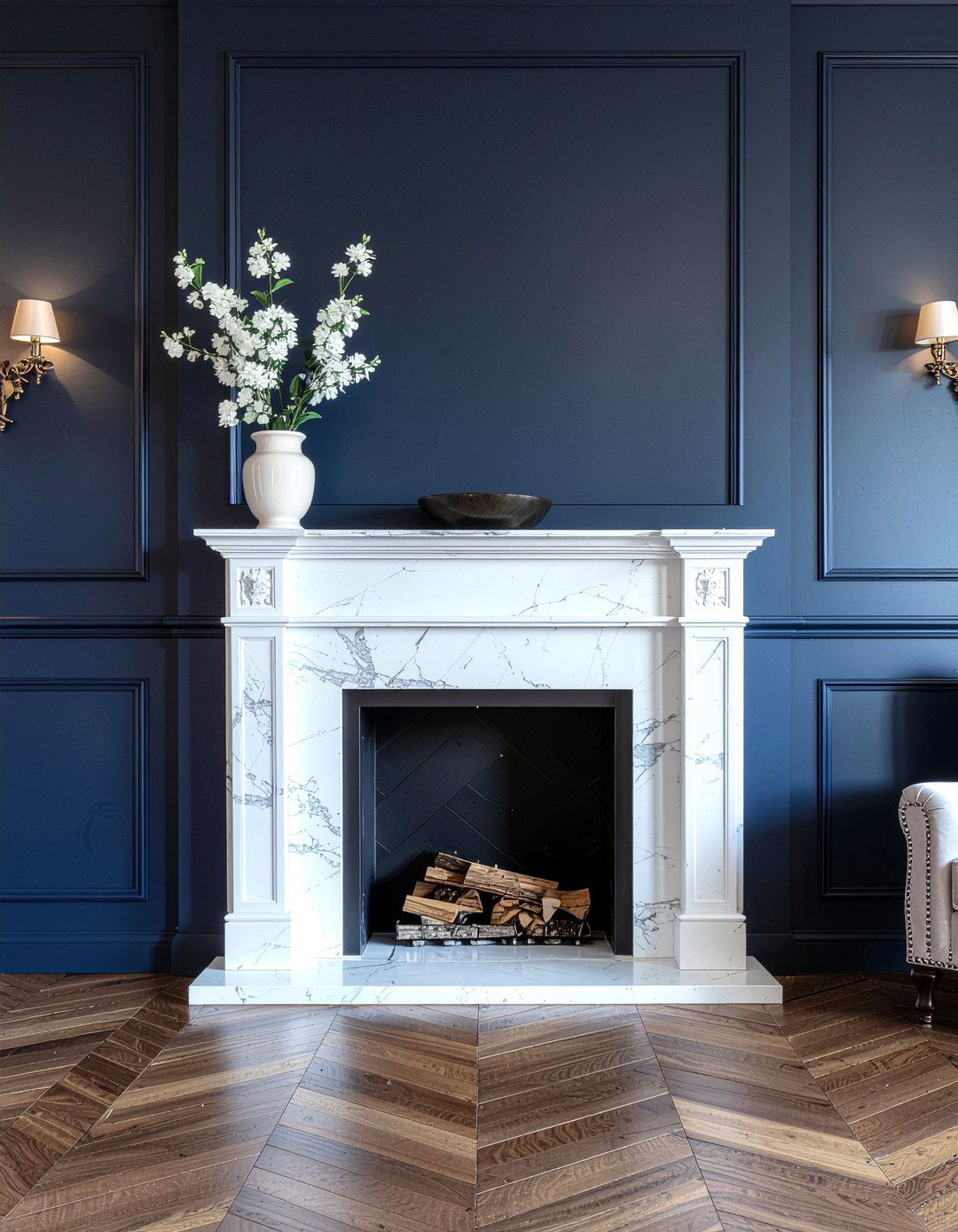Navy walls marble fireplace - 30 living room navy walls