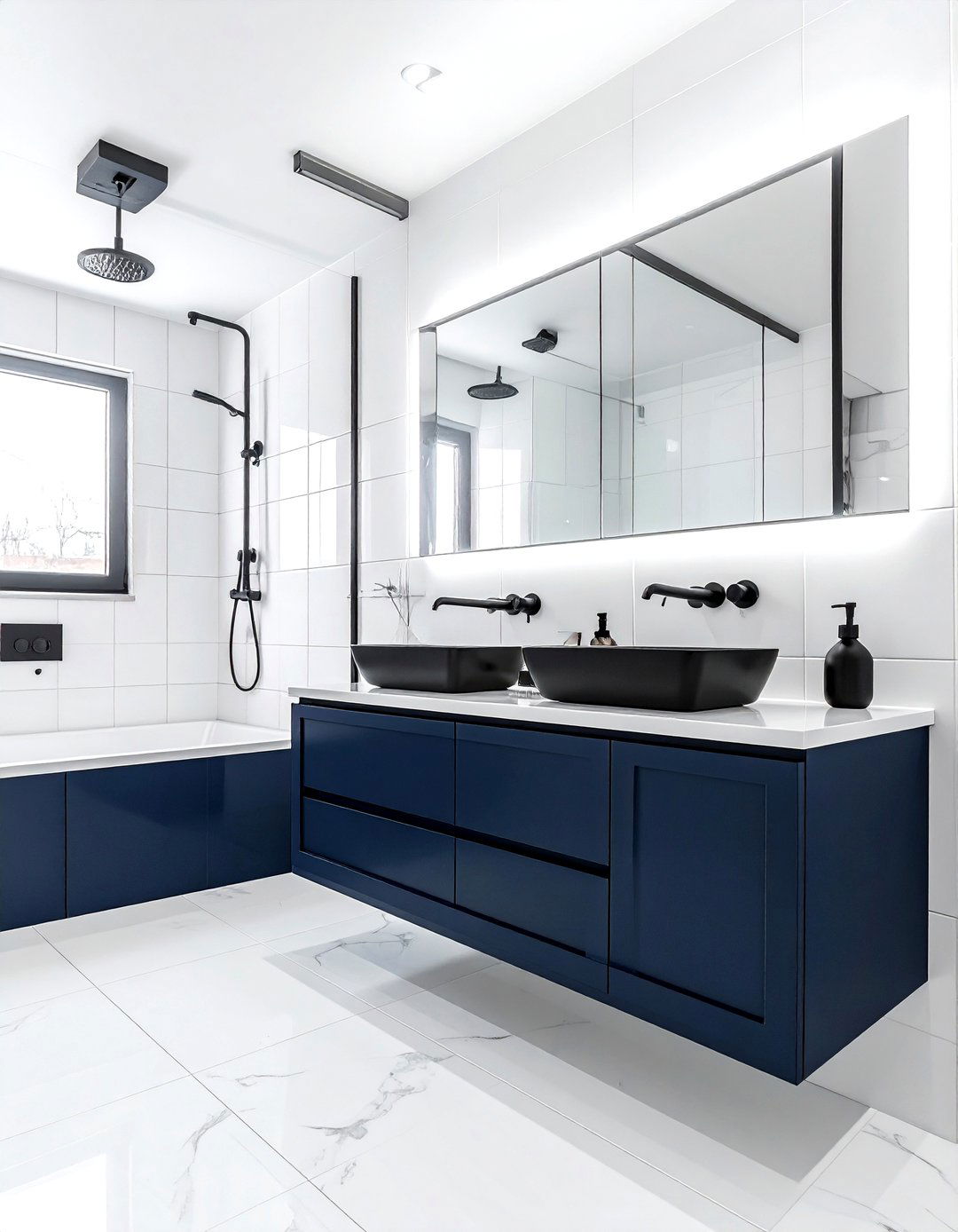 Navy white bathroom matte black fixtures - 30 navy and white bathroom ideas
