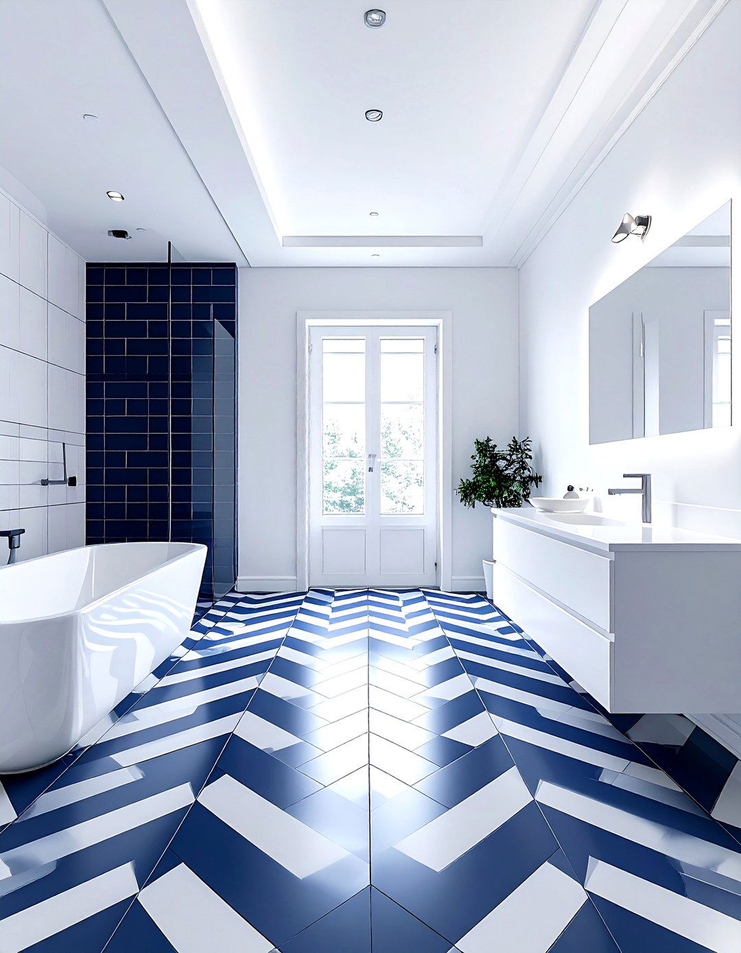 Navy white geometric tile bathroom - 30 navy and white bathroom ideas
