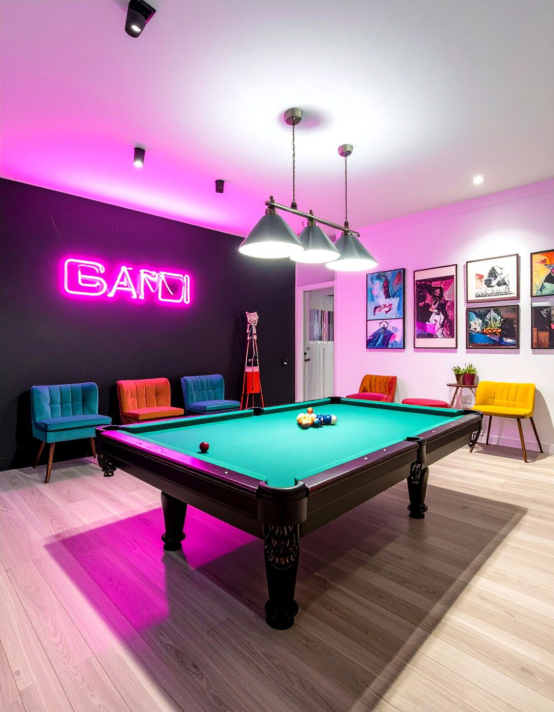 Neon sign accent wall game room - 30 maximalist decor ideas