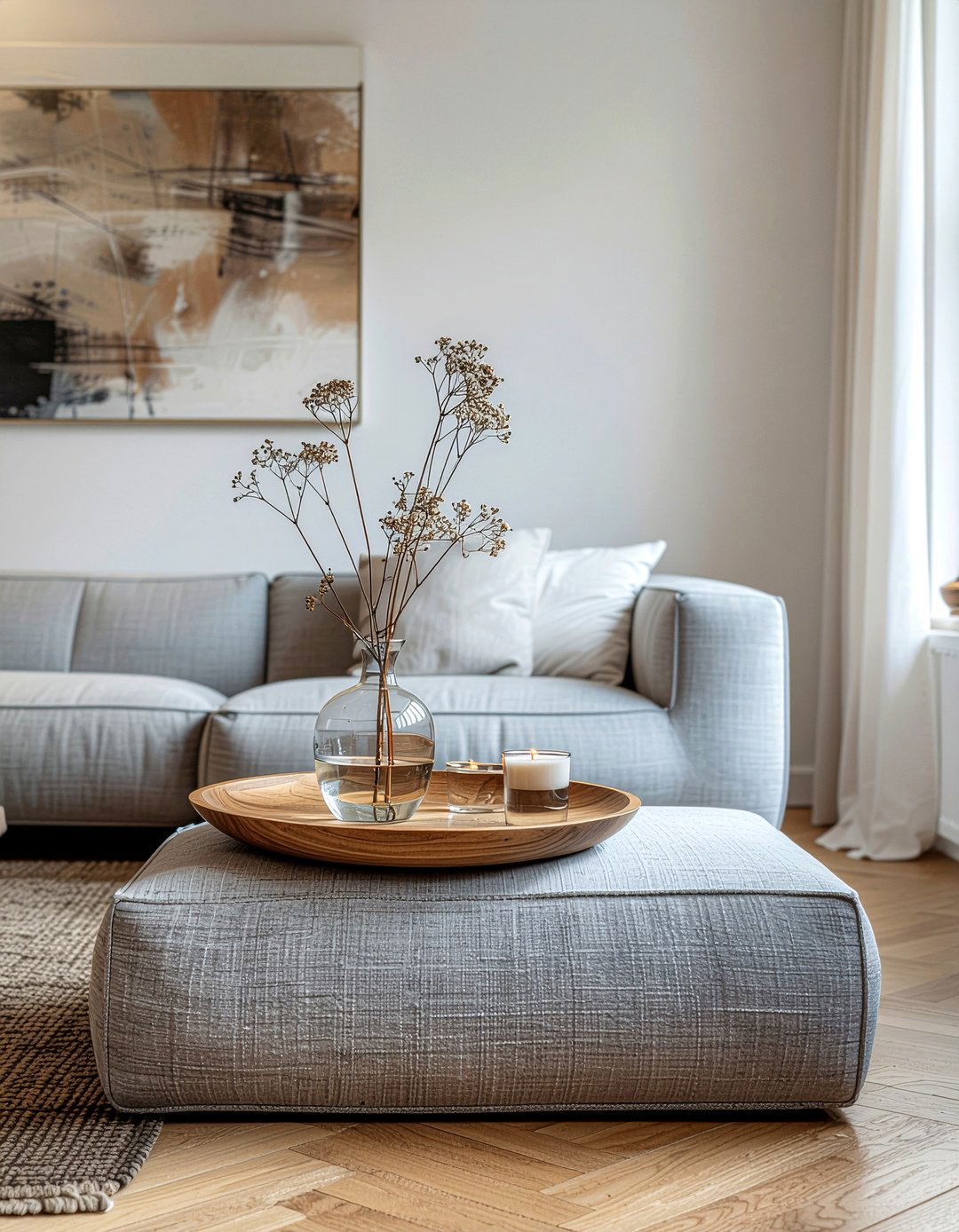 Nested trays on oversized ottoman - 30 living room tray ottoman ideas