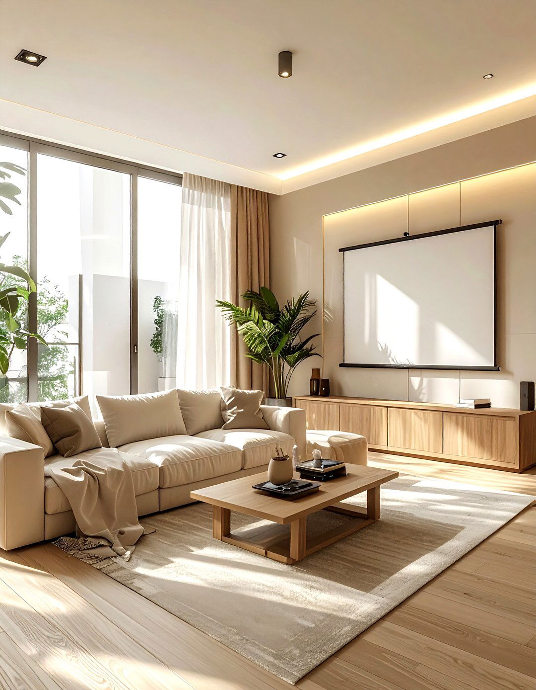 Neutral Beige Living Room Cinema - 30 living room projector ideas