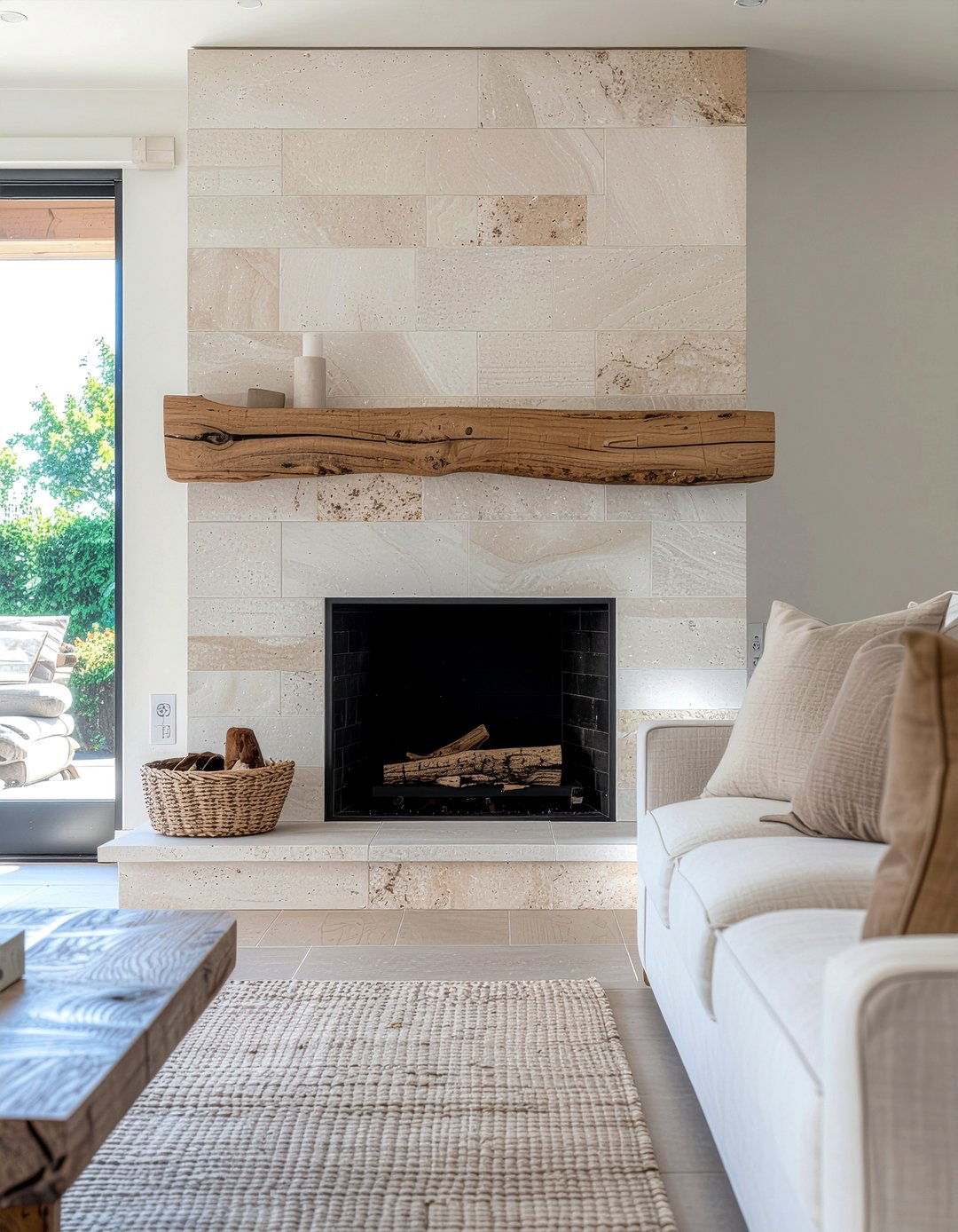 Neutral Limestone Tile - 30 living room fireplace tile ideas