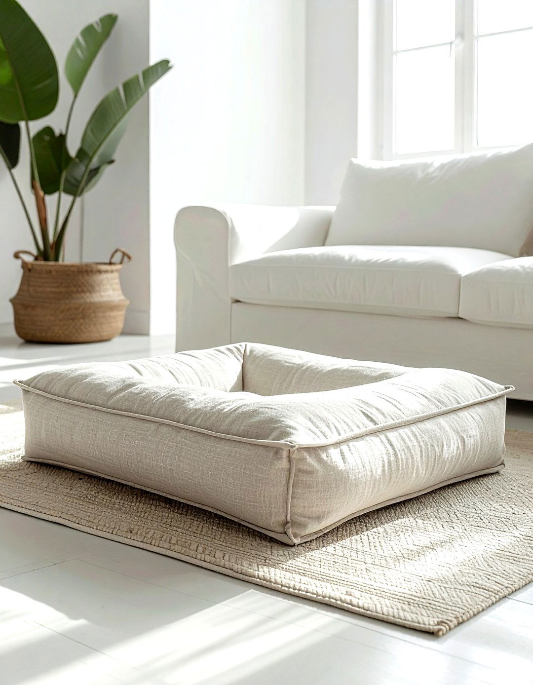 Neutral Linen Dog Bed - 30 pet bed living room ideas
