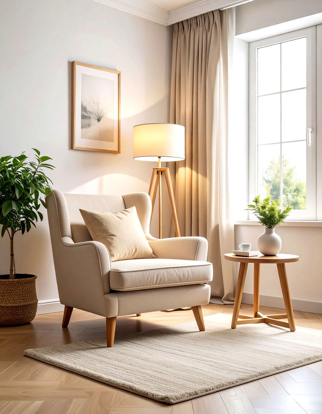 Neutral Living Room With Reading Nook - 30 scandinavian beige living room ideas