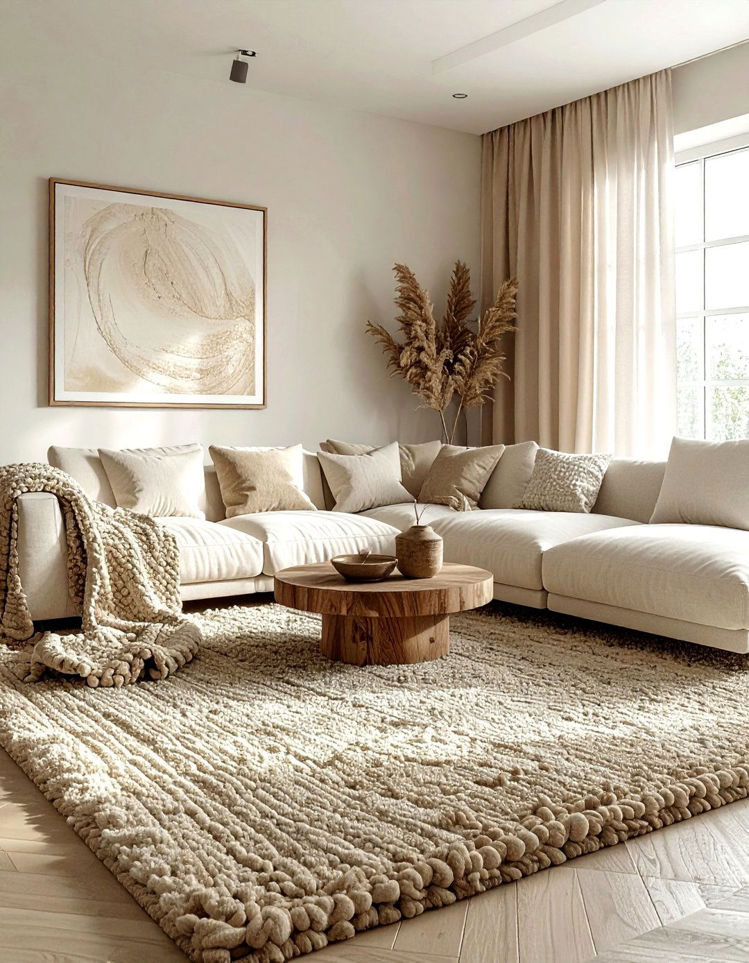 Neutral Living Room With Textures - 30 scandinavian beige living room ideas