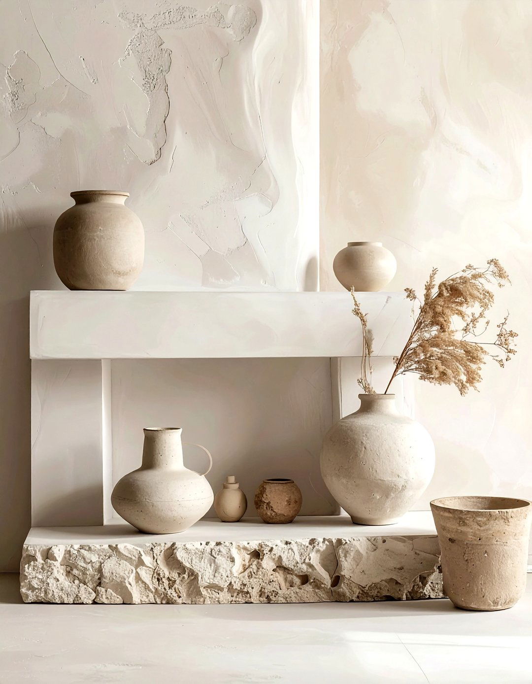 Neutral Textured Pottery - 30 minimalist mantel ideas